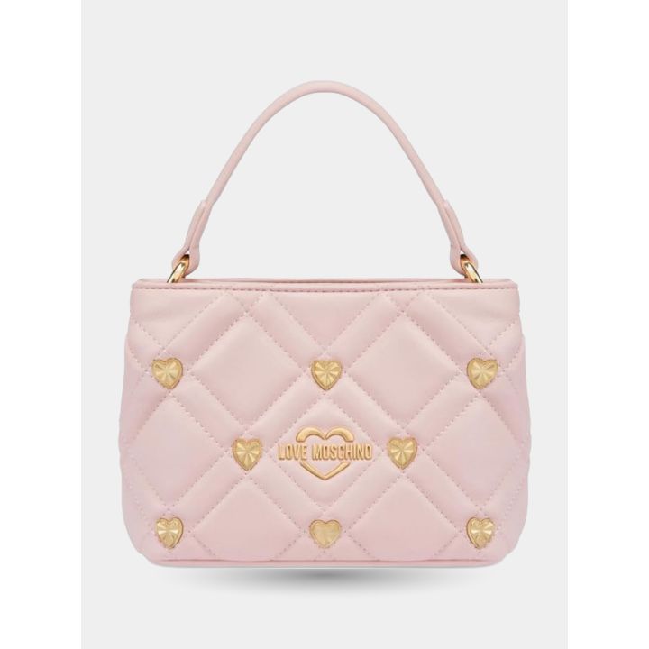 Borsa a mano Love Moschino rosa cipria vista frontale con borchie a cuore