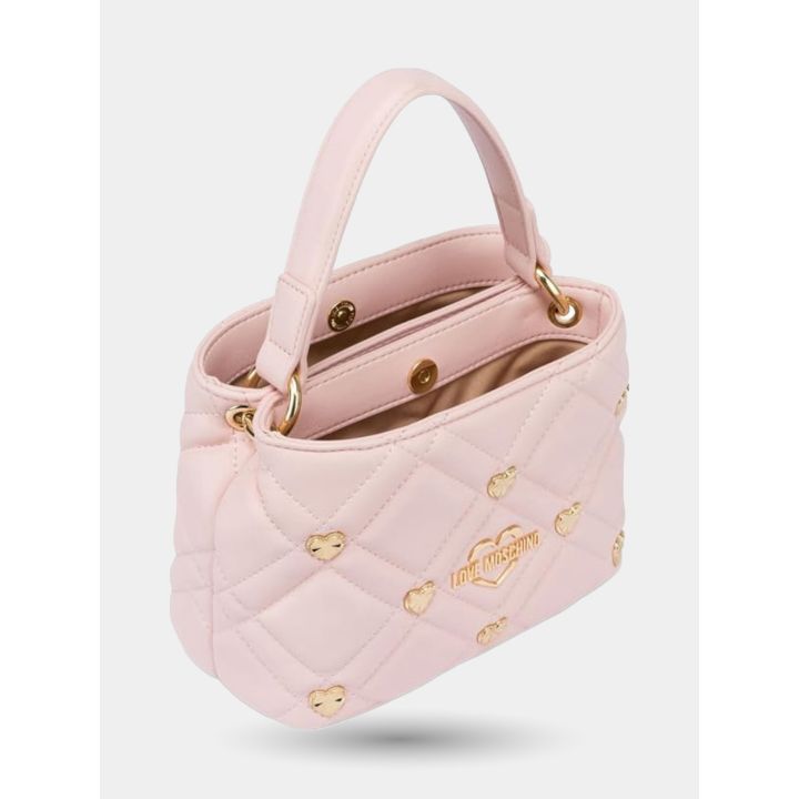 Borsa rosa cipria trapuntata aperta, vista di tre quarti