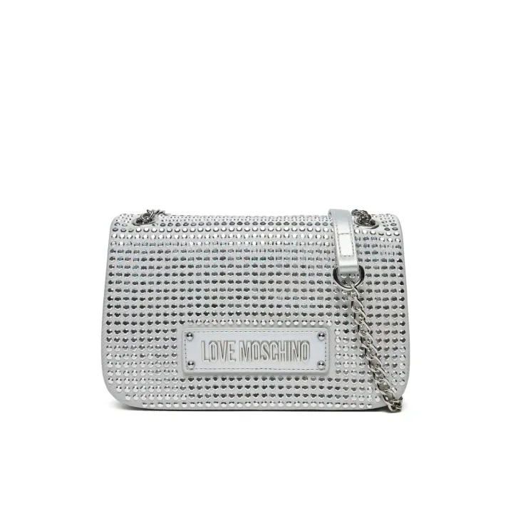 Borsa a spalla Love Moschino argento coperta di strass con catena