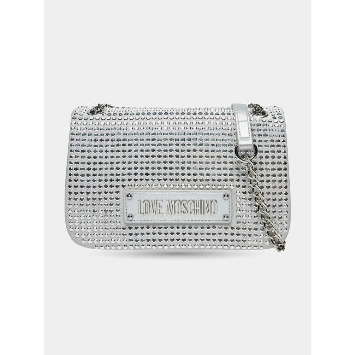 Borsa Love Moschino argento con brillantini vista frontale