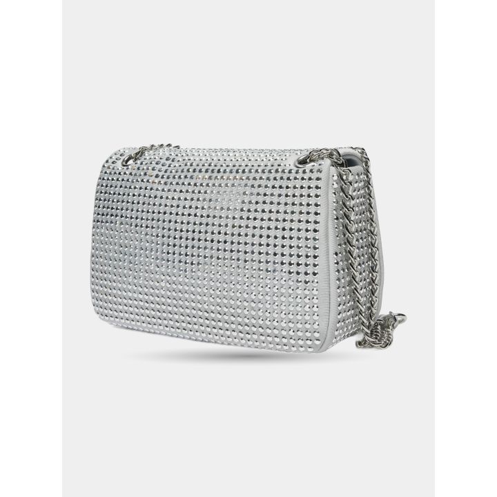 Borsa Love Moschino argento con brillantini vista di tre quarti
