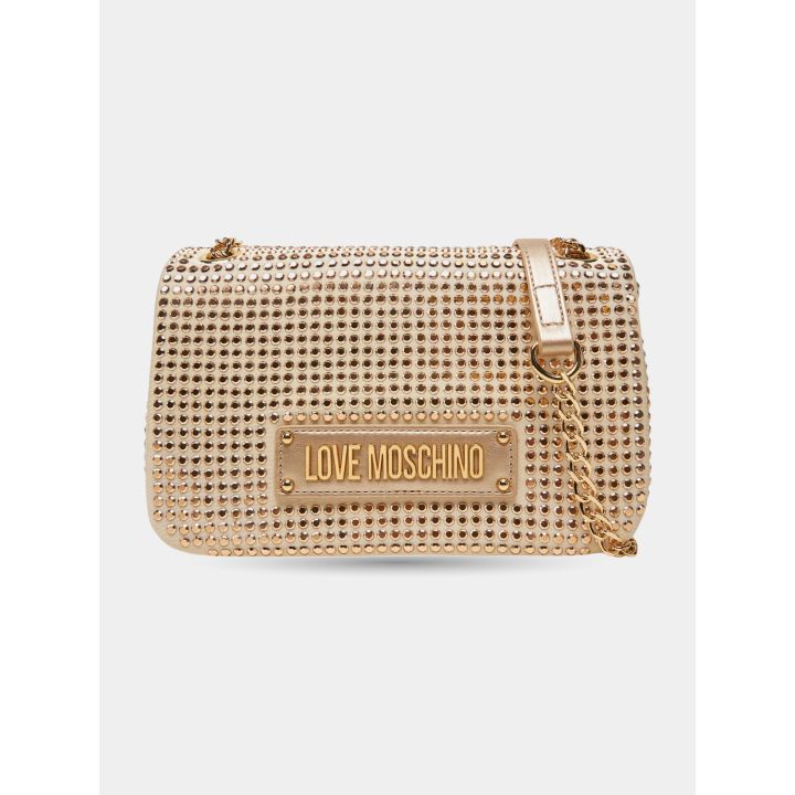Borsa Love Moschino oro con brillantini vista frontale con catena