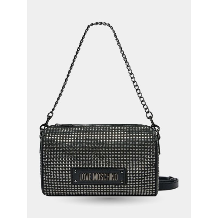 Borsa a tracolla Love Moschino nera con brillantini vista frontale