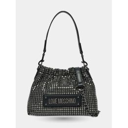 Borsa a secchiello Love Moschino nera con brillantini vista frontale