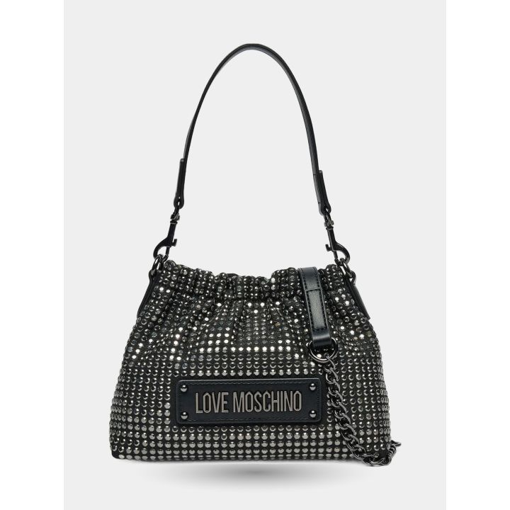 Borsa a secchiello Love Moschino nera con brillantini vista frontale