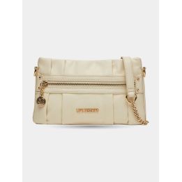 Clutch Love Moschino beige vista frontale con tasca con zip e catena