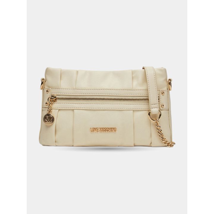 Clutch Love Moschino beige vista frontale con tasca con zip e catena