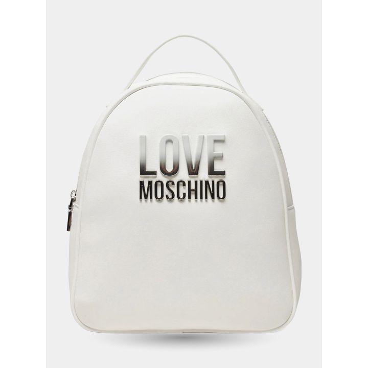 Zainetto Love Moschino bianco vista frontale con logo argento sfumato