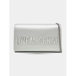 Pochette Love Moschino argento metallizzata vista frontale con catena
