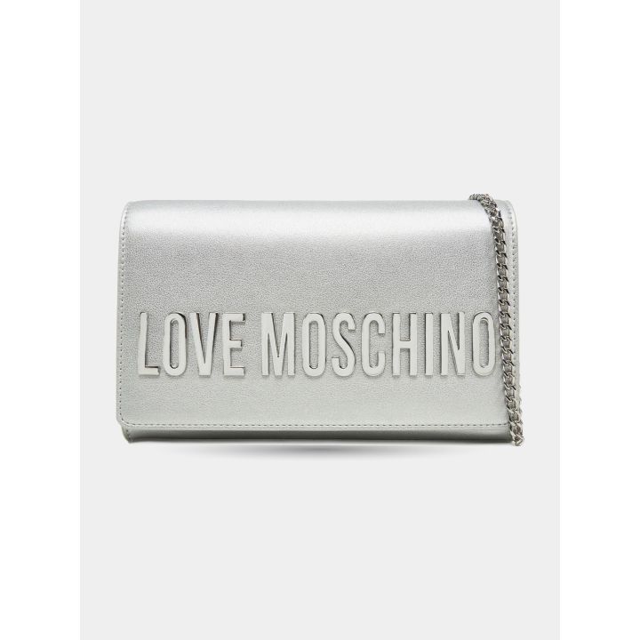 Pochette Love Moschino argento metallizzata vista frontale con catena