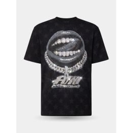 T-shirt Art Supermoney Black Lips nera vista frontale con bocca e grillz in cristalli