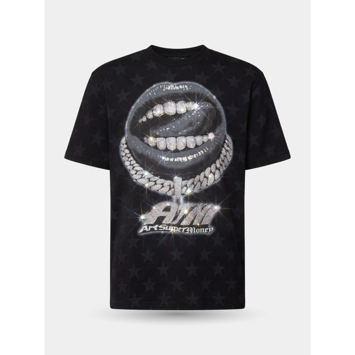 T-shirt Art Supermoney Black Lips nera vista frontale con bocca e grillz in cristalli