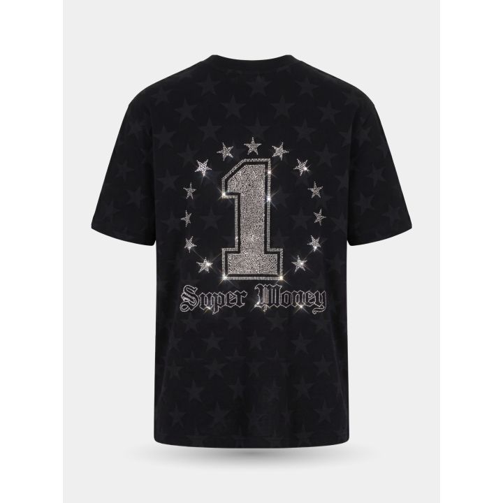 Retro della t-shirt nera con numero 1 in cristalli e scritta Super Money