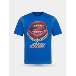 T-shirt Art Supermoney blu vista frontale con bocca rossa e grillz in cristalli
