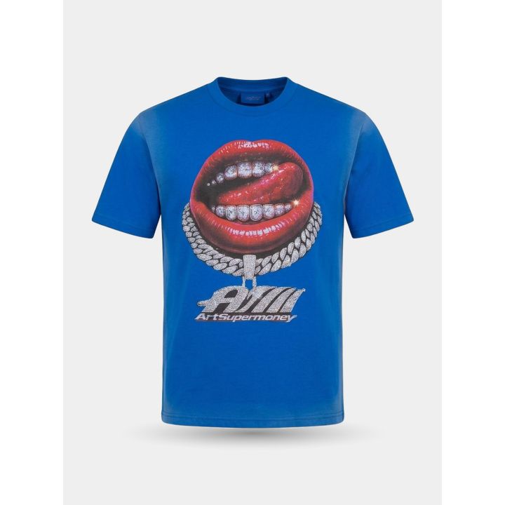 T-shirt Art Supermoney blu vista frontale con bocca rossa e grillz in cristalli