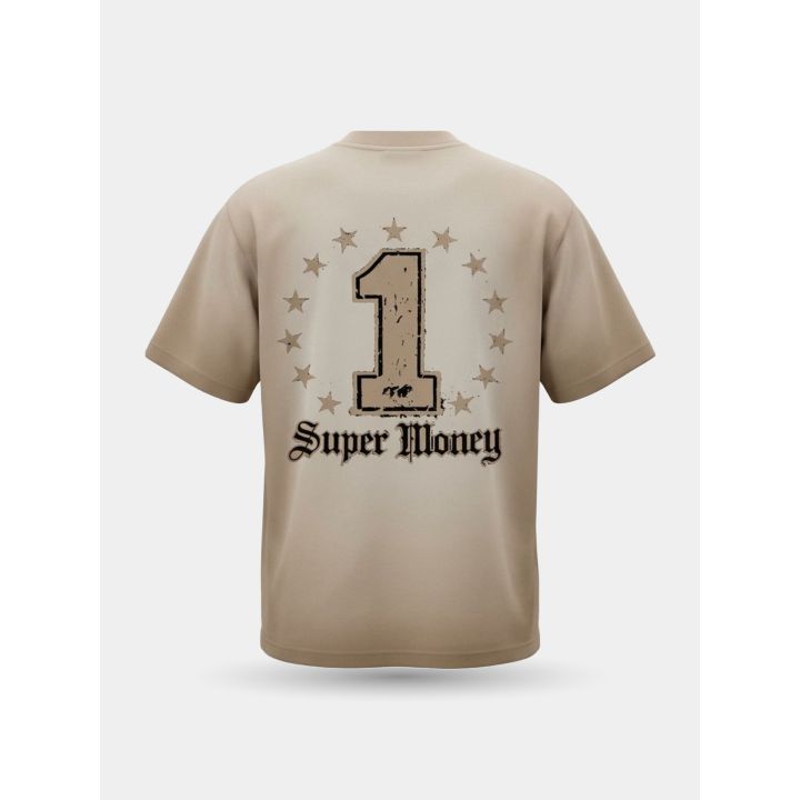 Retro della t-shirt beige con numero 1 e scritta Super Money