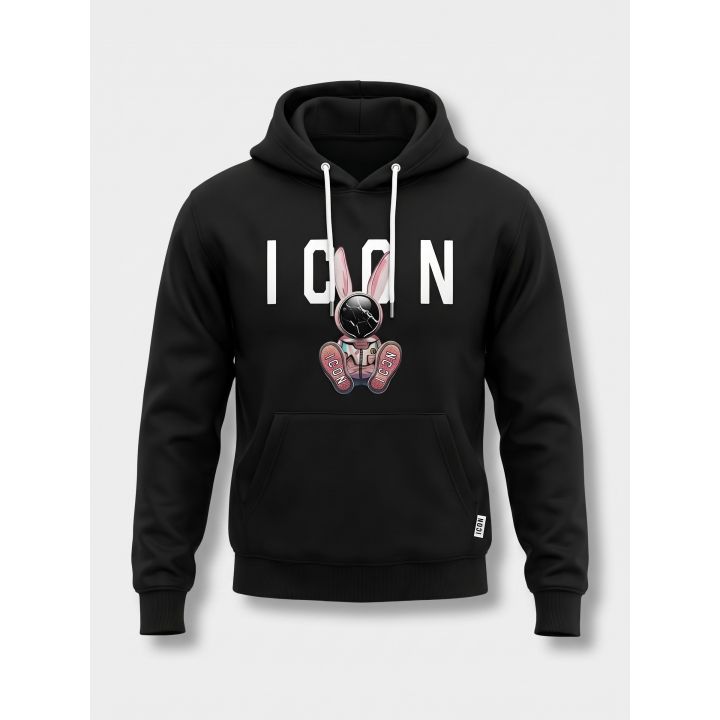 Felpa con cappuccio ICON nera da ragazza vista frontale con coniglietto rosa