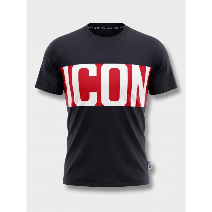 T-shirt ICON nera da ragazzo vista frontale con fascia rossa e logo bianco
