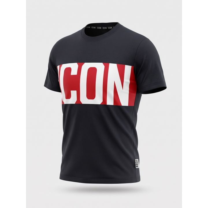 T-shirt ICON nera con fascia rossa vista di tre quarti