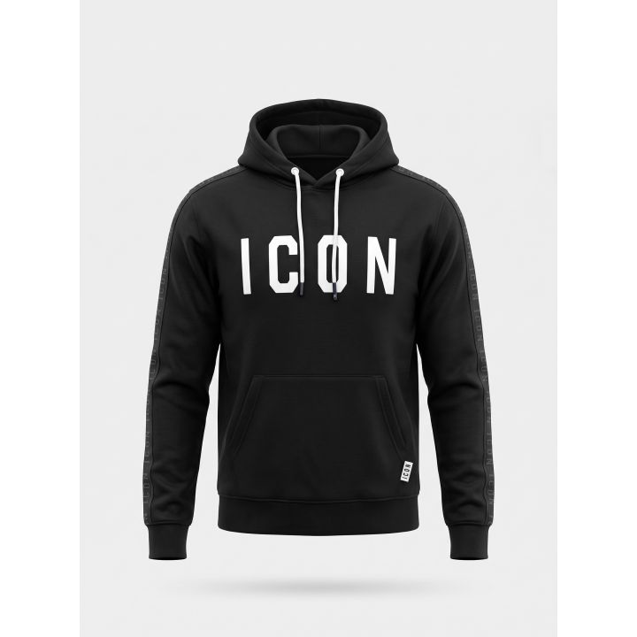 Felpa con cappuccio ICON nera da ragazzo vista frontale con logo bianco