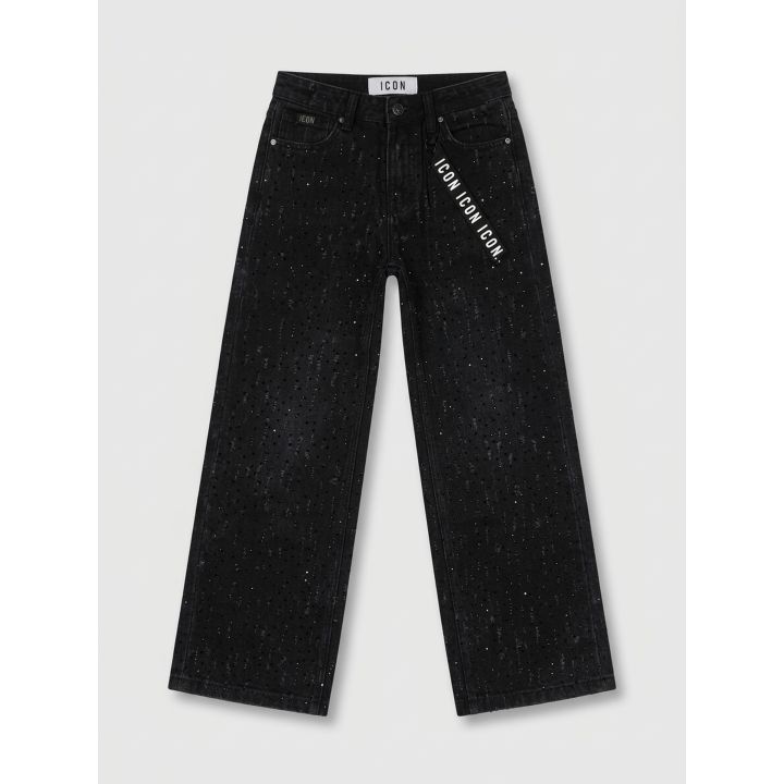 Jeans ICON neri da ragazza vista frontale a gamba larga con nastro logato