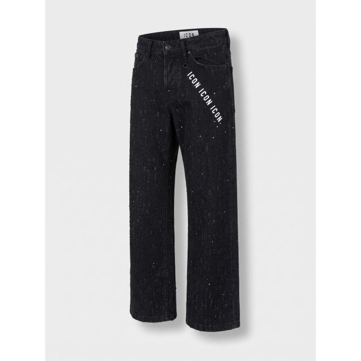 Jeans ICON neri vista di tre quarti con brillantini neri sul denim