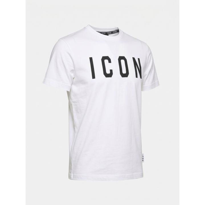 T-shirt ICON bianca vista di tre quarti con nastro logato sul collo