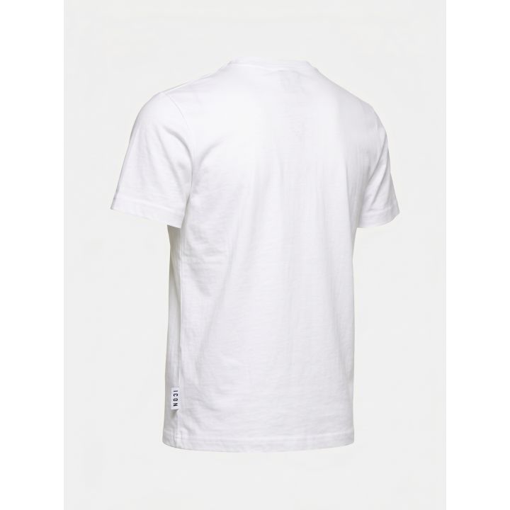 T-shirt ICON bianca vista di tre quarti dal retro con etichetta laterale