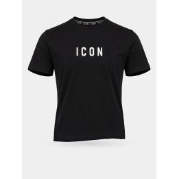 T-shirt ICON nera da ragazzo vista frontale con logo bianco piccolo