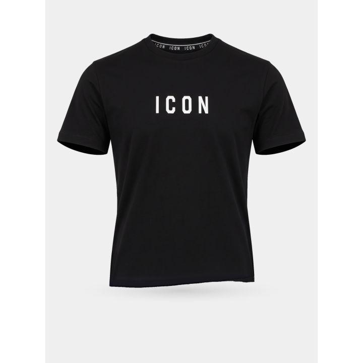 T-shirt ICON nera da ragazzo vista frontale con logo bianco piccolo