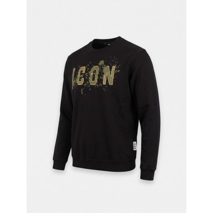 Felpa ICON nera vista di tre quarti con logo camouflage e schizzi