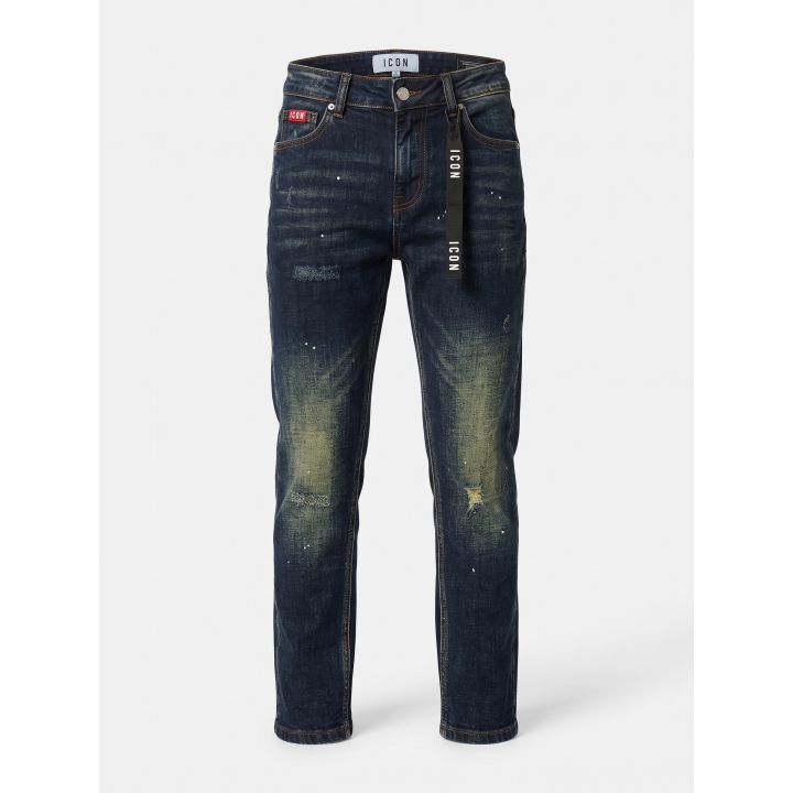 Jeans ICON blu scuro da ragazzo vista frontale con schizzi di vernice