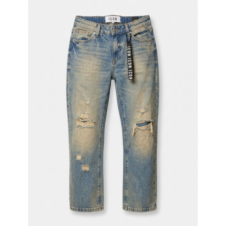Jeans ICON in denim chiaro da ragazzo vista frontale con strappi