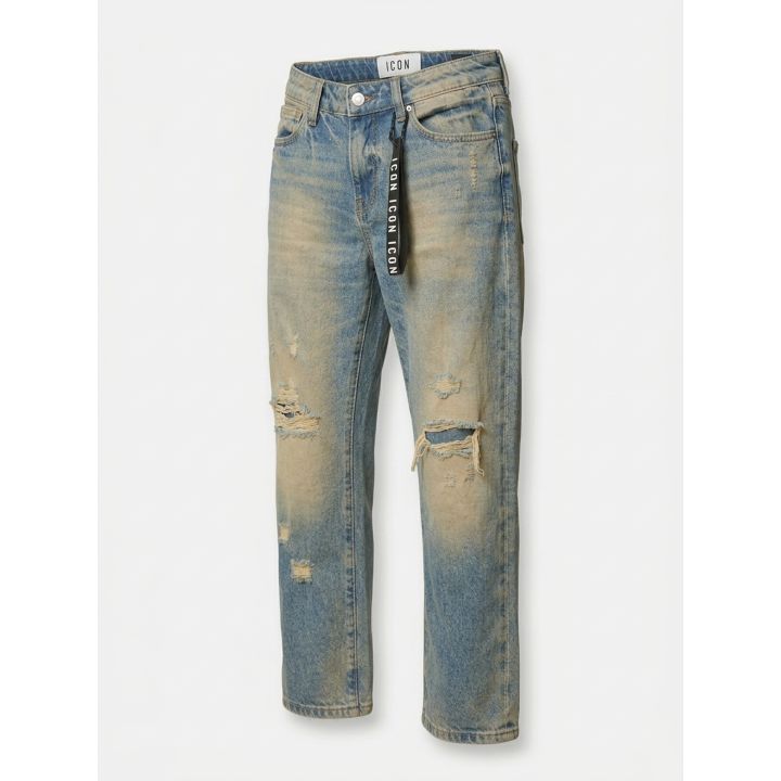 Jeans ICON denim chiaro vista di tre quarti con nastro logato