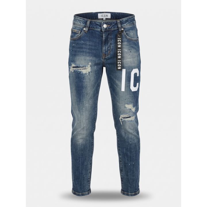 Jeans ICON blu da ragazzo vista frontale con maxi logo bianco sulla gamba