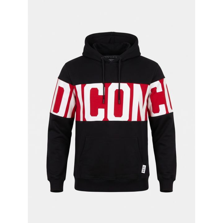 Felpa con cappuccio ICON nera da ragazzo vista frontale con fascia rossa e bianca