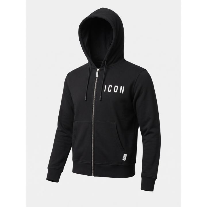 Felpa con zip ICON nera vista di tre quarti con logo bianco sul petto