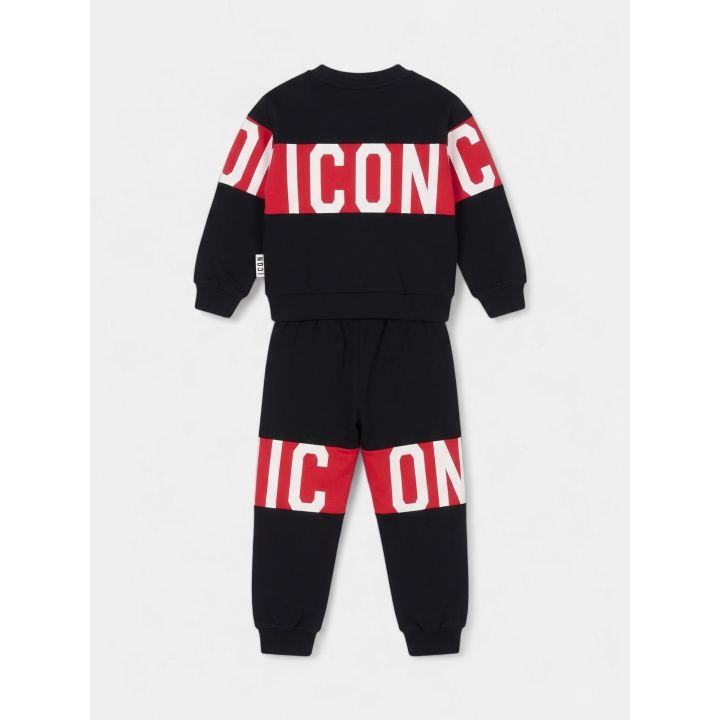 Retro della tuta ICON nera con fascia rossa su felpa e pantalone