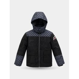 Giubbotto Sprayground nero con cappuccio a scacchi grigi, vista frontale