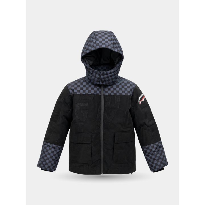 Giubbotto Sprayground nero con cappuccio a scacchi grigi, vista frontale