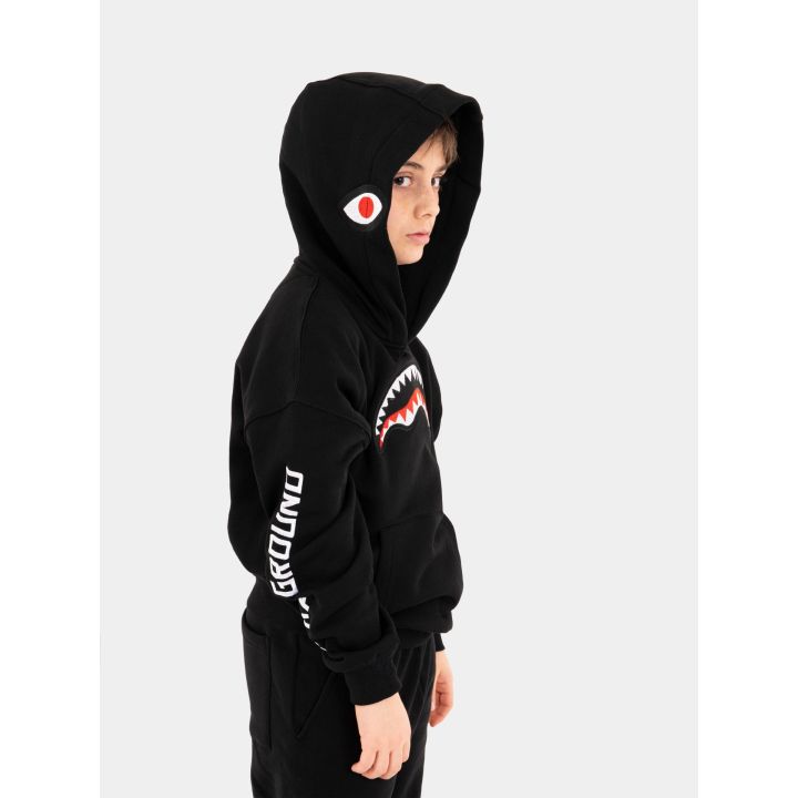 Occhio di squalo ricamato sul cappuccio e scritta Sprayground sulla manica