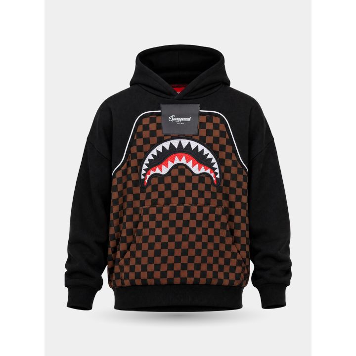 Felpa con cappuccio Sprayground nera con davanti a scacchi marroni