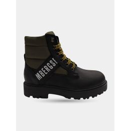 Stivaletto Bikkembergs nero e verde militare con lacci gialli, vista laterale
