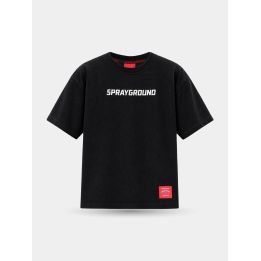T-shirt Sprayground nera con scritta bianca sul petto, vista frontale