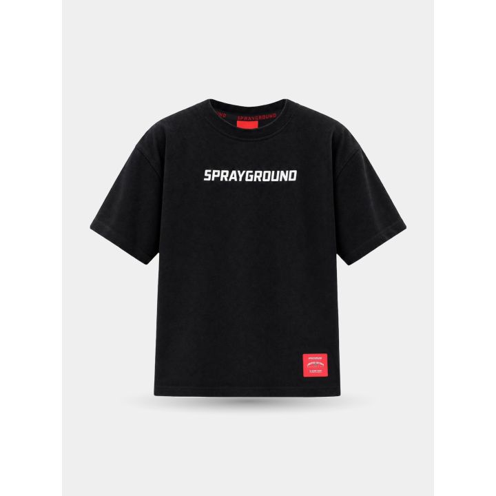 T-shirt Sprayground nera con scritta bianca sul petto, vista frontale