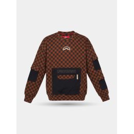 Felpa girocollo Sprayground a scacchi marroni con tasca nera, vista frontale