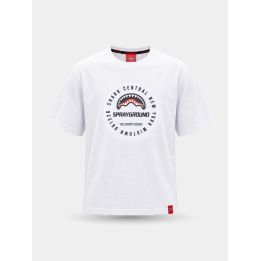 T-shirt Sprayground bianca con logo tondo e squalo, vista frontale