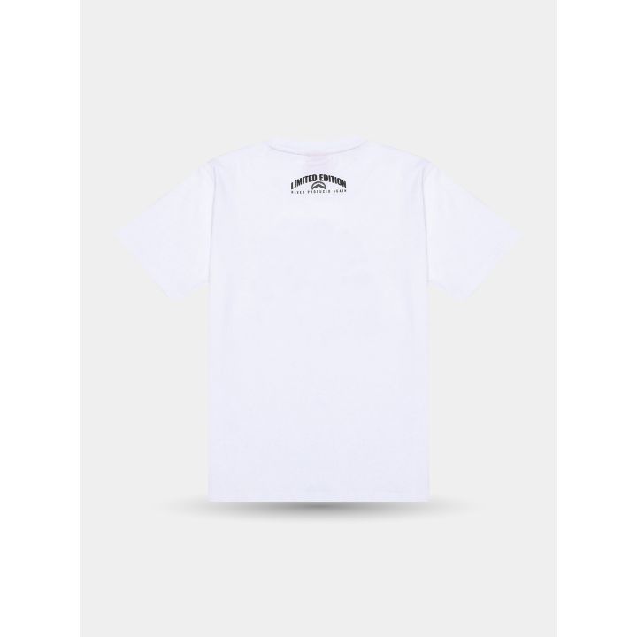 Retro della t-shirt bianca con piccola stampa sotto il collo