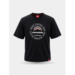 T-shirt Sprayground nera con logo tondo e squalo, vista frontale