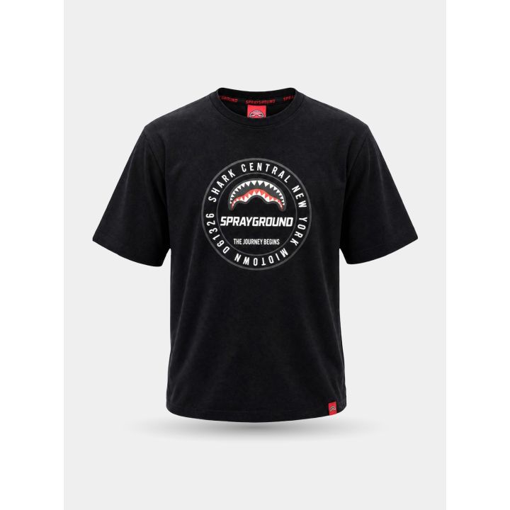 T-shirt Sprayground nera con logo tondo e squalo, vista frontale